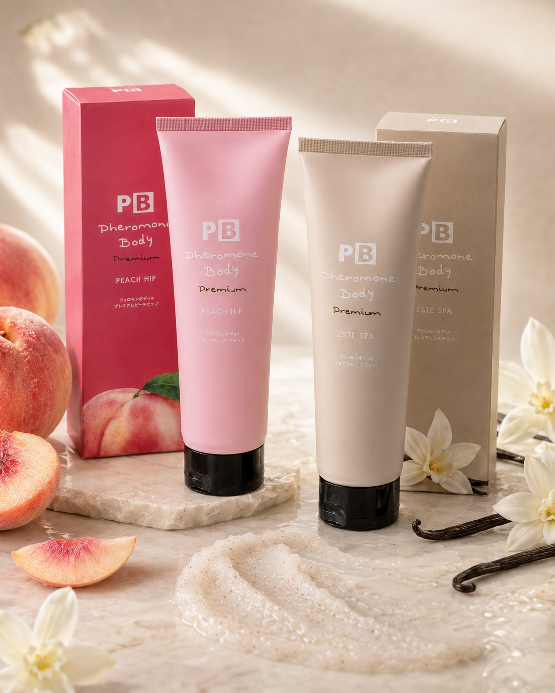 Trọn bộ Pheromone Body Premium trong bối cảnh hoa và trái cây