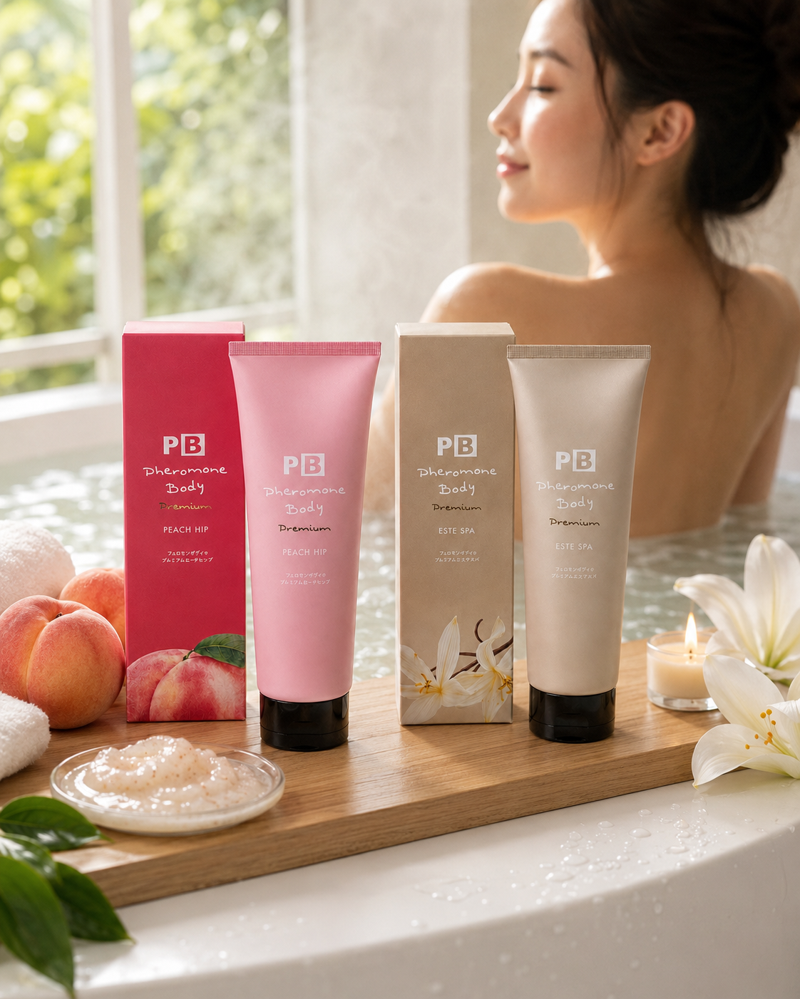 Người mẫu và bộ sản phẩm Pheromone Body Premium trong không gian thư giãn