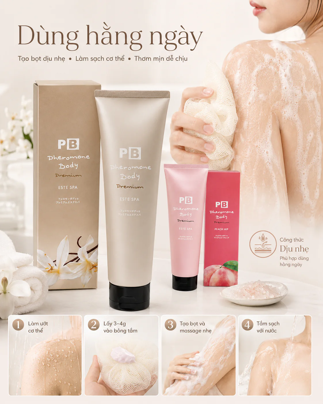 Bốn bước dùng kem muối tắm Pheromone Body Premium hằng ngày