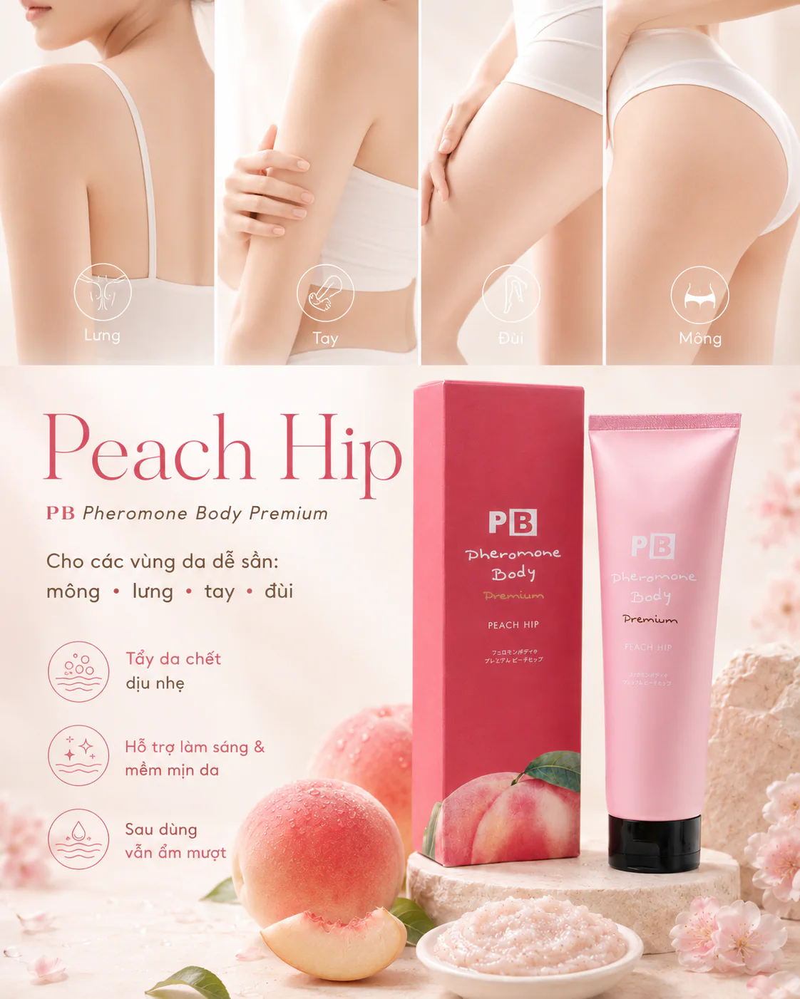 Routine sử dụng kem muối tắm Peach Hip