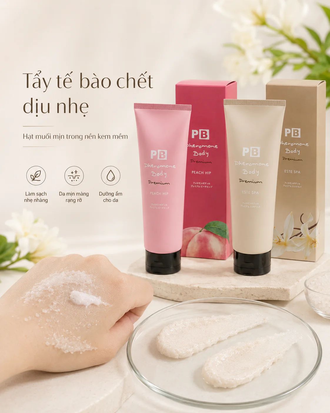 Kết cấu kem muối và hướng dẫn massage tẩy tế bào chết dịu nhẹ